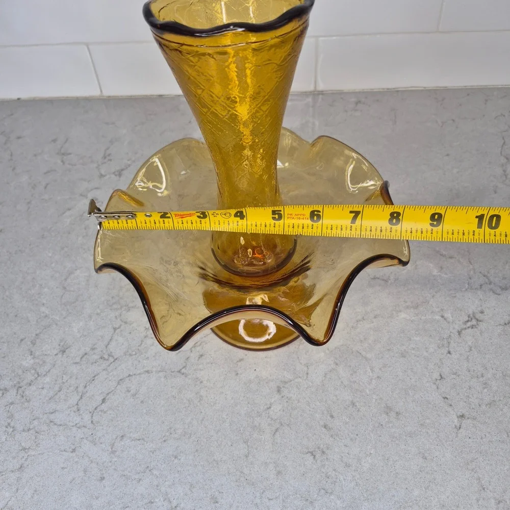 Vintage Epergne Vase‎ Amber Diamond Quilted Ruffled Glass 10 Inch 2 Piece